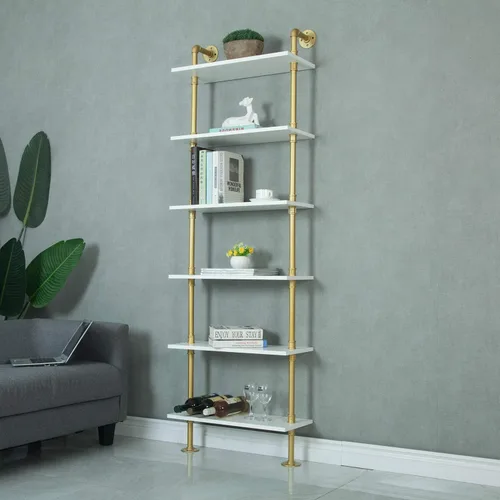 Estantería industrial moderna de 6 niveles, estante de almacenamiento de madera, estantería de exhibición, estantes de madera montados en la pared