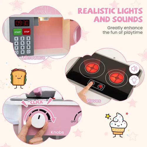 Miniatura 4 de HONEY JOY Cocina de Jugar de Rincón, Juego de Cocina de Madera para Niños Pequeños con Luces, Cafetera, Microondas, Fregadero, Grifo, Juego