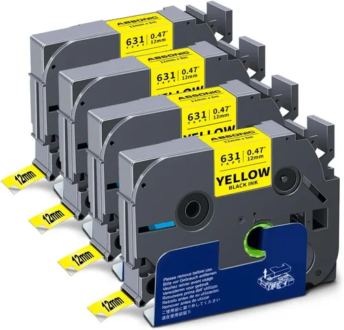 Absonic Paquete de 4 cintas de etiquetas Tz-631 de 0.472 in 0.47 pulgadas, color negro sobre amarillo, compatibles con Brother TZe-631 TZe631 Tz631