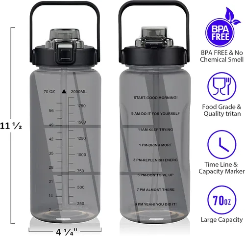 Miniatura 3 de Botella de agua de medio galón con manga, botella de agua motivacional de 64 onzas con popote y marcador de tiempo, botella de agua grande para Negro