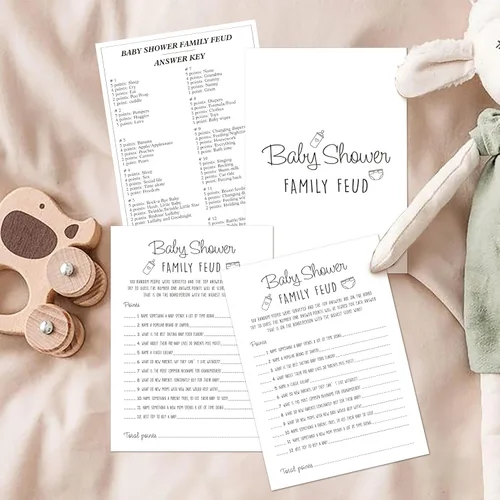 Miniatura 3 de Family Feud - Juego de baby shower, paquete de 30 tarjetas, clave de respuestas, decoraciones de género neutro, suministros de juego