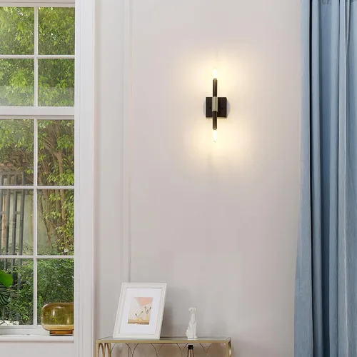 Miniatura 2 de GLOBE Electric 65000044 Aplique de pared de 2 luces, negro mate, acento de latón antiguo, zócalos de base E12, luces para sala de estar, decoración