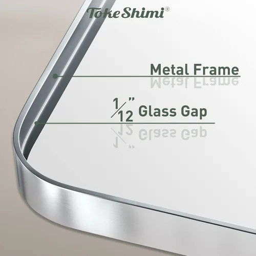 Miniatura 5 de TokeShimi - Espejo rectangular para pared de baño, con marco de metal de latón cepillado, esquinas redondeadas, se cuelga horizontal o Plata