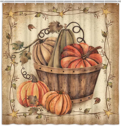 Miniatura 8 de Wathon Cortina de ducha de calabaza, decoración de baño, cosecha de otoño, retro, rústica, decoración de temporada, granja, Acción de Gracias