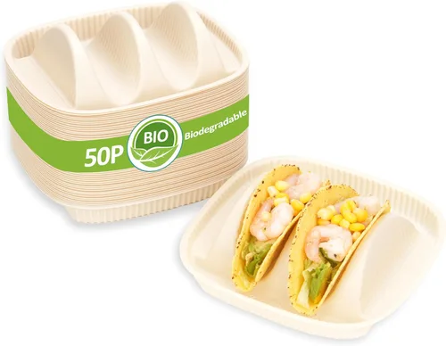 Paquete de 50 platos desechables para tacos para 2 tacos, para la mayoría de conchas duras pequeñas de 4 a 6 pulgadas, platos biodegradables de