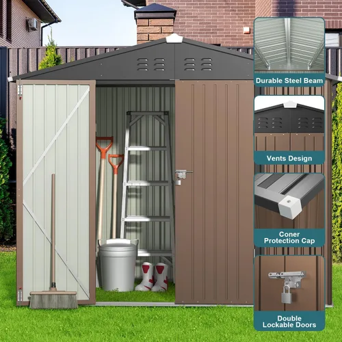 Miniatura 6 de Gizoon Cobertizo de almacenamiento para exteriores de 8 x 6 pies, cobertizo de jardín de metal galvanizado con puertas dobles con cerradura, Marrón