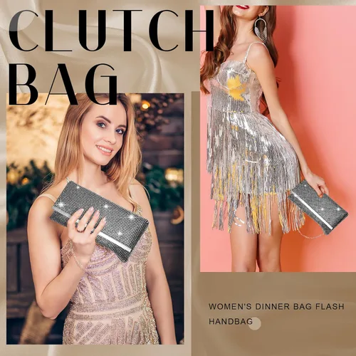 Miniatura 6 de Tessco Bolso de noche para mujer con purpurina para mujer, para noche, boda, fiesta, graduación, bolso de diamantes de imitación con cadena