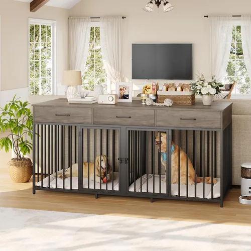 Miniatura 2 de HOSTACK Mueble doble para perros, perrera de 71 pulgadas de ancho para interiores con 3 cajones, jaula de granja para perros para 2 perros Gris