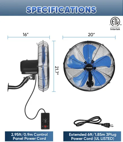 Miniatura 8 de KEN BROWN Ventilador oscilante industrial de alta velocidad de 18 pulgadas, 3 velocidades, ventilador de montaje en pared con máx. 4200 CFM