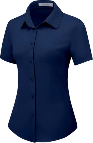 Miniatura 8 de Camisas con botones para mujer, de manga corta, elásticas, sin arrugas, para negocios, casual, oficina, blusa de trabajo