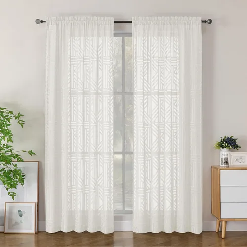 Miniatura 54 de Simplebrand Cortinas traslúcidas negras de cocina de 24 pulgadas de largo, 2 paneles, filtrado de luz, geométrico jacquard con textura, cortinas