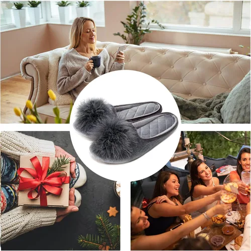 Miniatura 6 de GRITHEIM Pantuflas de casa de terciopelo con pompones mullidos para mujer, de espuma viscoelástica, cómodas, de punto de felpilla, para dormitorio