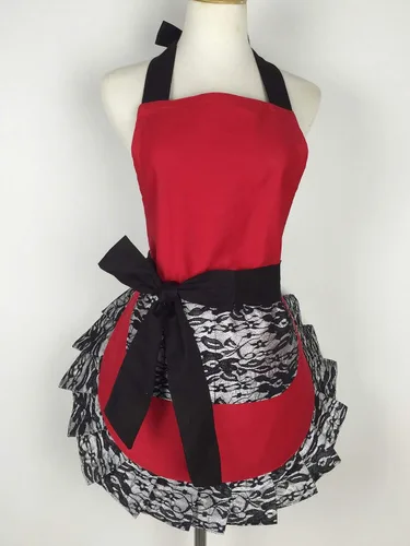 Miniatura 2 de Hyzrz Bonito delantal de encaje coqueto con bolsillo, divertido delantal retro sexy de cocina para mujeres y niñas (negro)