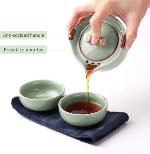 Miniatura 6 de Juego de tetera de cerámica de viaje, tetera china de kung fu, 1 tetera 2 mini tazas de té de porcelana gongfu con infusor, bolsa portátil, todo