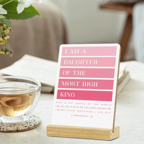 Miniatura 2 de MUBIAO Letrero de placa de madera rústica con soporte de madera, rosa 2 Corintios 6:18, letrero decorativo cristiano para escritorio de oficina