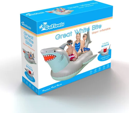 Miniatura 6 de GoFloats Tubo flotador de piscina con forma de tiburón "Great White Bite", balsas inflables, adultos y niños