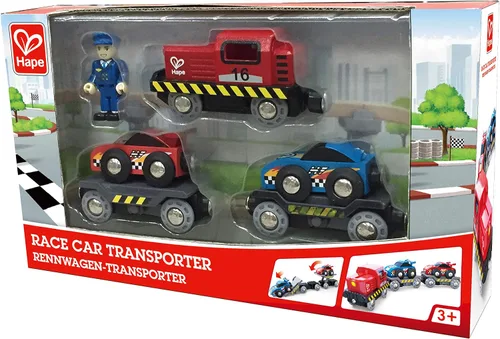 Miniatura 7 de Hape Transportador de autos de carreras Juego de transporte de autos de tren de juguete de madera de seis piezas para niños