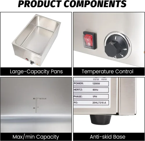 Miniatura 3 de Calentador de alimentos comercial de tamaño completo para catering y restaurantes, 120 V, 1200 W, se adapta a sartén de alimentos de 12 x 20 pulgadas