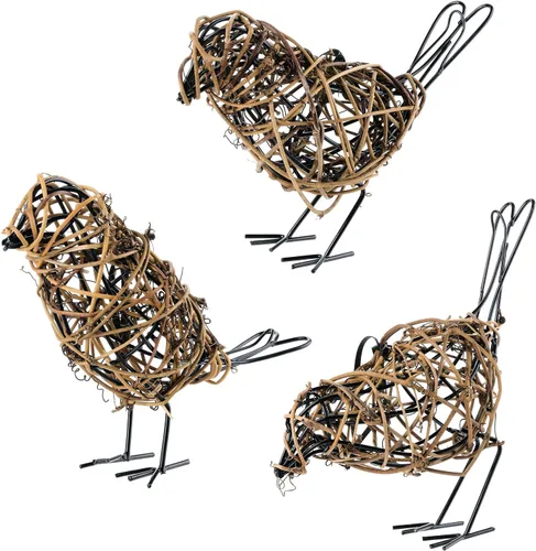 Juego de Decoración de Granja de 3 Estatuas de Pájaros - Adorno Navideño - Figuras de Pájaros de Ratán Natural Tejidas a Mano para Decoración de