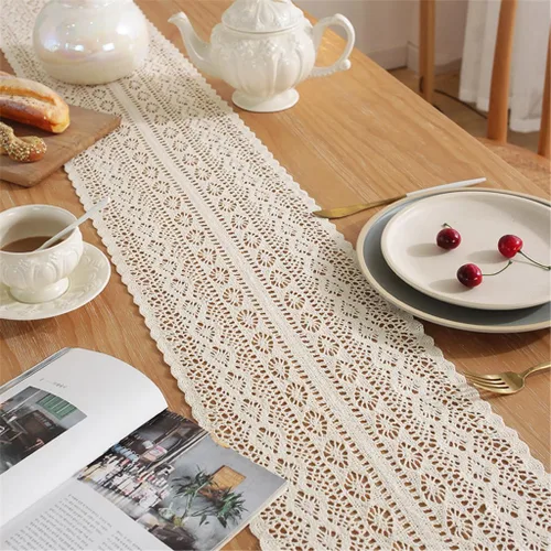 Miniatura 3 de Gemseek Camino de Mesa de Crochet de Algodón Boho de 60 Pulgadas, Camino de Mesa de Encaje Macramé Bohemio Beige Vintage para Cocina Mesa de Café