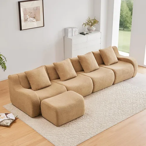 Miniatura 25 de Otomana de tela de peluche negra, moderno reposapiés modular sin hueso en una caja para sala de estar, cómodo diseño de asiento profundo,