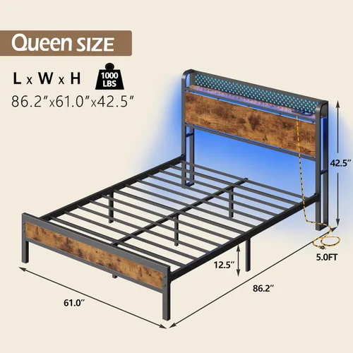 Miniatura 2 de Furnulem Base de cama Queen con almacenamiento de cabecero, marco de cama tamaño Queen con estación de carga y luces LED, no necesita somier