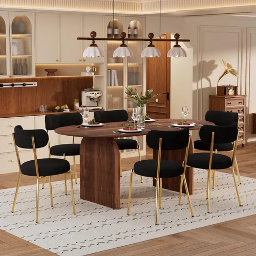 Miniatura 15 de Juego de mesa de comedor ovalada moderna de 70 pulgadas con 6 sillas de tela Boucle, mesa de MDF y base resistente a rayas, muebles de cocina