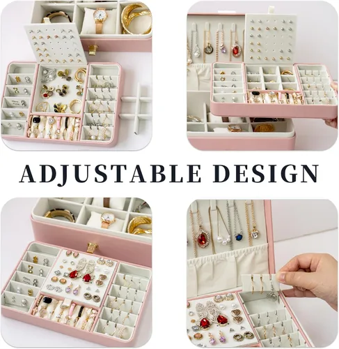 Miniatura 5 de Organizador de aretes para mujer, joyero grande de 2 capas con espejo, tarjeta de regalo hecha a mano y papel de regalo, soporte de joyería de piel