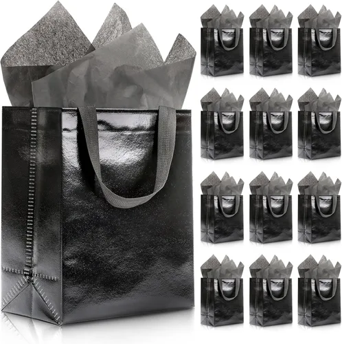 Miniatura 11 de KeerxunBag 12 piezas de bolsas de regalo reutilizables (incluye papel de seda) Bolsa de regalo con asa para cumpleaños, fiestas, días festivos