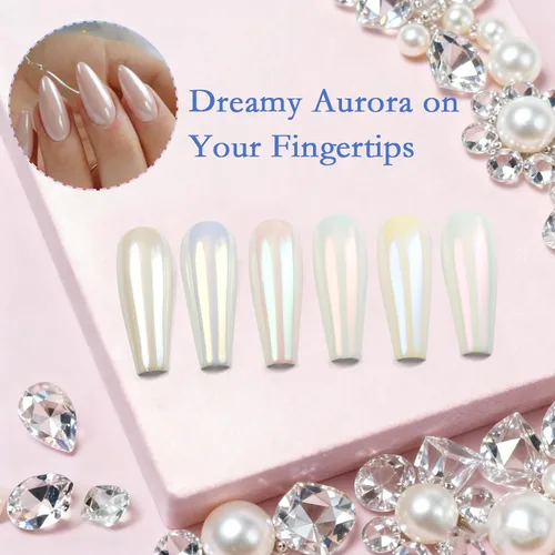 Miniatura 2 de 16 tarros de polvo de uñas cromado, arte de uñas, decoración con purpurina, efecto espejo metálico, holográfico, aurora, perla, sirena, blanco