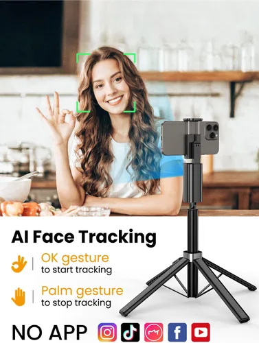 Miniatura 2 de AOCHUAN Trípode de seguimiento facial para iPhone y Android, palo selfie expandible de 57 pulgadas con rotación de 360 grados que sigue la rotación