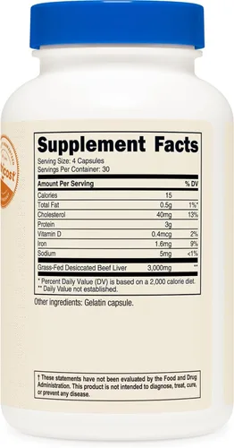 Miniatura 5 de Nutricost Cápsulas de Hígado de Res Desecado Alimentado con Pasto de 3000mg (750mg Por Cápsula), 120 Cápsulas - Sin Hormonas, Sin OMG, Sin Gluten
