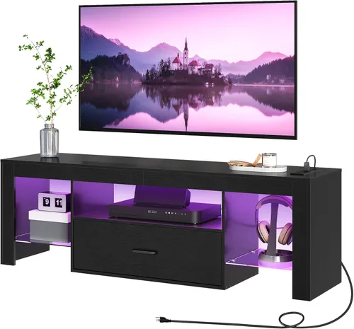 HOOBRO Soporte de TV LED con tomas de corriente para TV de hasta 65 pulgadas, centro de entretenimiento para videojuegos con estantes de vidrio y
