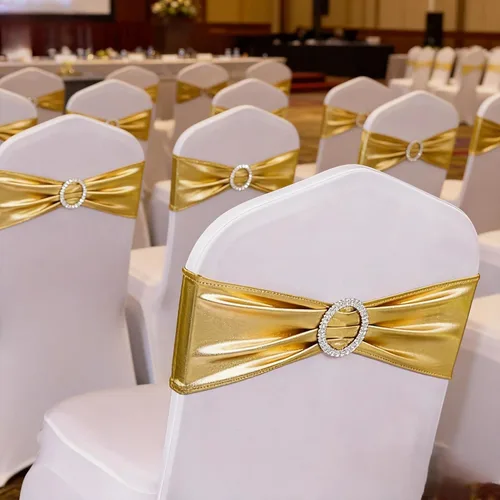 Miniatura 2 de Bandas para silla de elastano metálico dorado para boda, paquete de 100 bandas para silla con hebilla, lazos dorados para sillas doradas, lazos