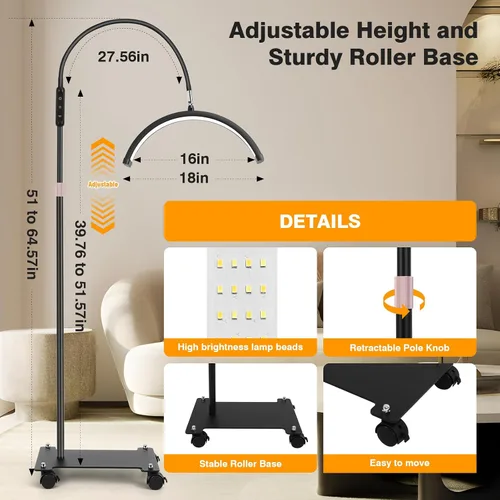 Miniatura 5 de Mznoo Luz de media luna con ruedas, lámpara de pestañas LED de 2500LM para extensiones de pestañas, luz de luna flexible para tecnología de Negro