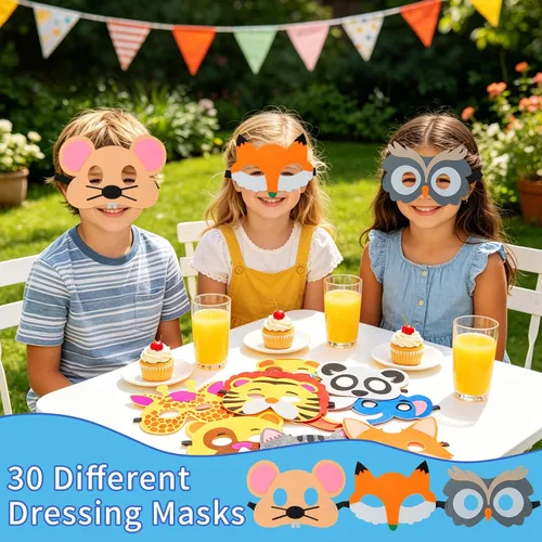 Miniatura 5 de ShaggyDogz 30 piezas de máscaras de animales de fieltro para niños, suministros para fiestas temáticas de la jungla..