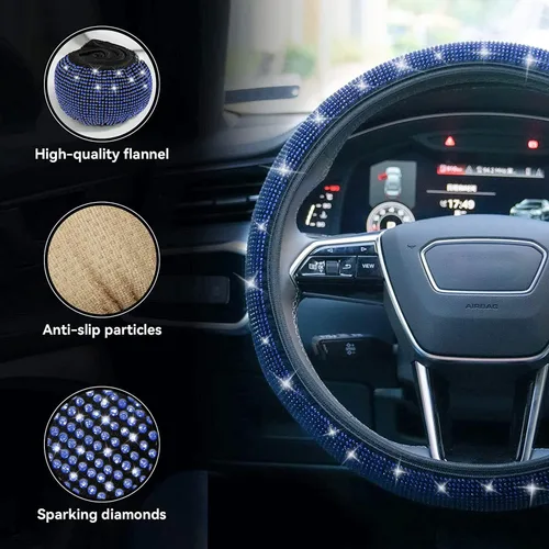 Miniatura 3 de Funda brillante para volante, funda para volante de diamantes de imitación con diamante de cristal para mujer, protector de volante brillante de Azul