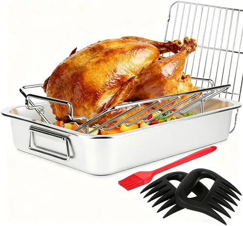 Kit de sartenes para asar pavos de acero inoxidable de 15.5 x 11.5 pulgadas, para hornos, parrilla en V y estante de refrigeración, bandeja de asado