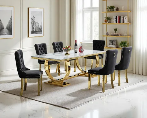 Miniatura 15 de Juego de mesa de comedor de 5 piezas para 4, mesa de cocina de mármol negro de 68 pulgadas con 4 sillas beige, mesa de comedor rectangular moderna