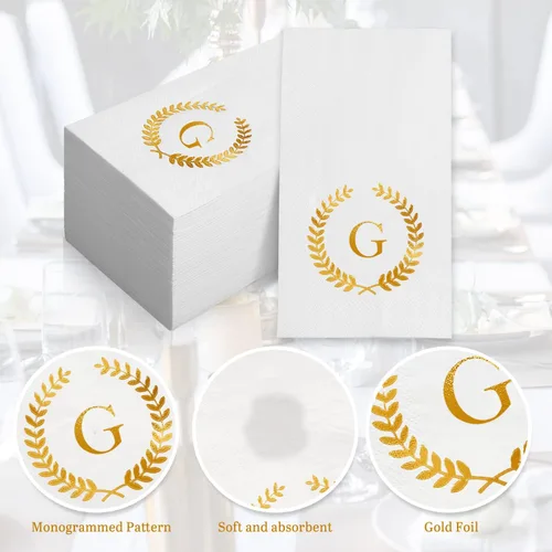 Miniatura 4 de Paquete de 200 servilletas desechables con monograma de lámina dorada letra G, servilletas para invitados con inicial, toallas de papel desechables