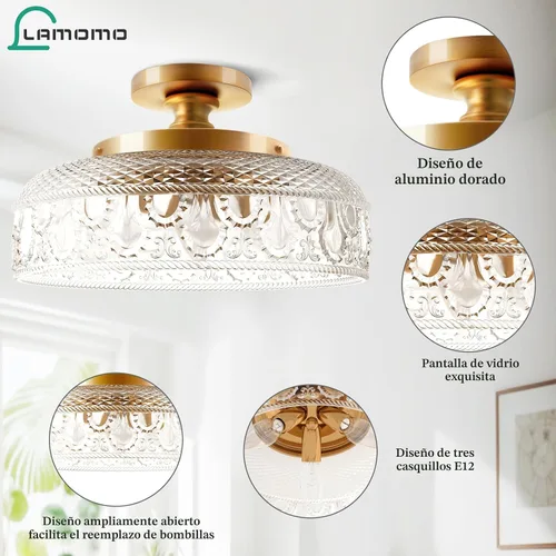 Miniatura 3 de Lamomo lámpara de techo semiempotrada, lámpara de pasillo dorada más grande mejorada, lámpara colgante de 3 bombillas de vidrio esférico cerca