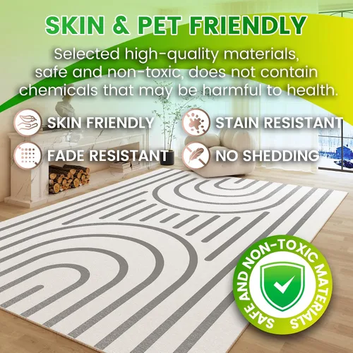 Miniatura 4 de Alfombra moderna lavable de 5x7 para sala de estar, alfombra grande minimalista artística abstracta en blanco y gris, alfombra de pelo bajo ultra
