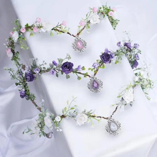Miniatura 5 de MOSTORY Corona de elfos de flores rosadas, diadema de corona floral hecha a mano para mujeres, tiara de elfo nupcial, accesorios para el cabello