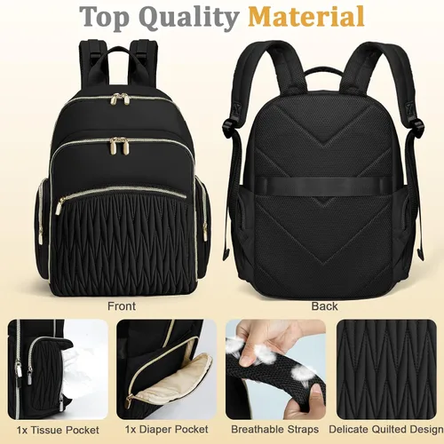 Miniatura 7 de miss fong Mochila para pañales – Bolsa de pañales para bebé con cambiador de pañales, mochila acolchada para pañales de viaje con 16 bolsillos Negro