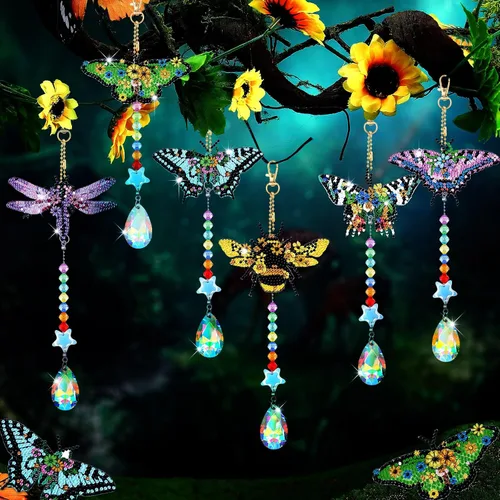 Miniatura 2 de Tradder 6 carillones de viento con diseño de mariposa y diamantes para decoración de árbol de verano, kit de arte de diamantes con colgante