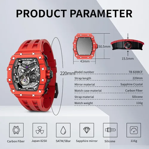 Miniatura 9 de Reloj para hombre, reloj mecánico automático de esqueleto para hombre, 164.0 ft, impermeable, de lujo, Tonneau, cuadrado, esfera grande, con correa