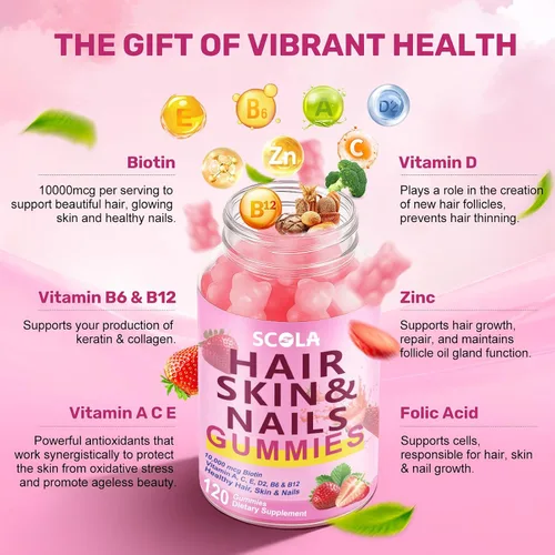 Miniatura 5 de SCOLA Gomitas para el cabello, la piel y las uñas, biotina (10,000 mcg) Suplemento vitamínico para el cabello, la piel y las uñas, para mujeres