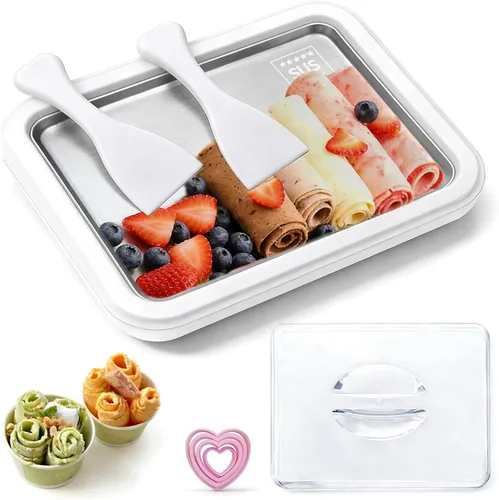 Plato de helado para rollos de helado de 10.2 in, losa de piedra de helado con tapa y moldes en forma de corazón, piedra laminada para hacer helado