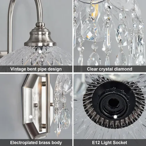 Miniatura 9 de Juego de 2 apliques de pared modernos, cristal de cristal, apliques de níquel para decoración de pared, juego de 2 acabados, para dormitorio, baño