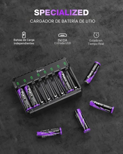 Miniatura 4 de POWXS Baterías AA Recargables con Cargador USB-C, Paquete de 8 Baterías AA de Litio de 3000mWh, Cargador Rápido de Puerto Dual para Cámaras Blink